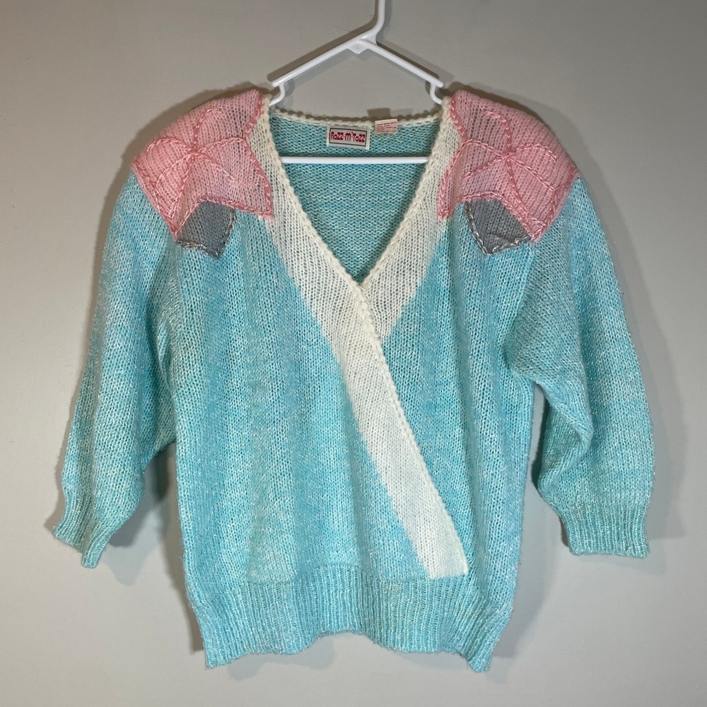 VTG Razz-M-Tazz 80s Pastel Blue Knit Wrap V-Neck Sweater Size 40/XL Shoulder Pad